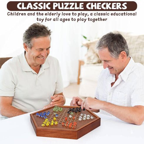 15-Inch Set 72 Wooden Chinese Checkers Board Game Classic Strategy Game with Glass Marbles, Dual-Sided Storage Drawer