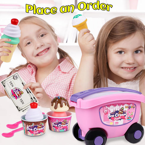 Magic4U 48 Set 3 4 5 6 Ice Cream Cart Toys for Kids, Piece Ice Cream Shop Pretend Play with Scooper, Toppings and Other