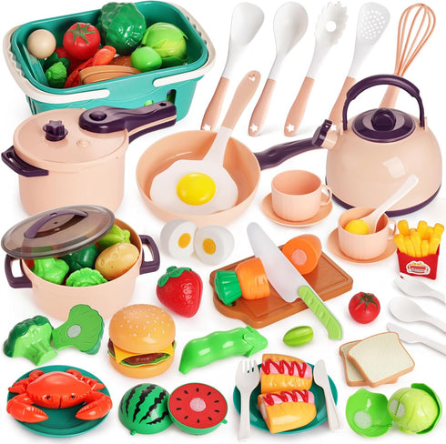 LovesTown 59PCS Play Kitchen Accessories with Basket, Pink Pretend Play Food Set