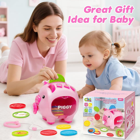 1 6-12-18 1st 7 8 9 10 Musical Piggy Toys for Year Old Girl Gift, Piggy Bank with Educational Number, Color, Animal