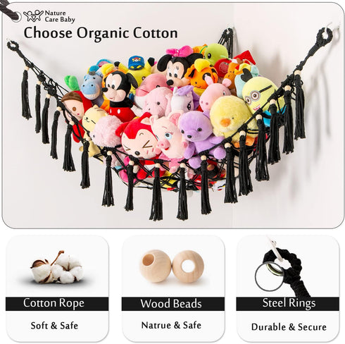 Stuffed Animal Toy Hammock Hanging, Macrame Organizer Storage for Plush Toys, Large Corner Net Holder (Black)