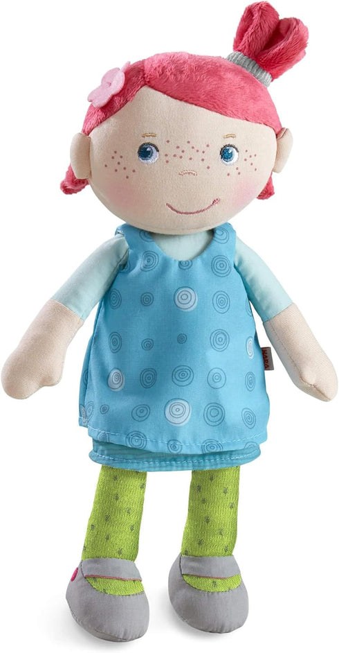 HABA Snug Up Philine, 10" Soft Doll with Embroidered Face, Pink Pigtail, Removable Blue Dress, Machine Washable