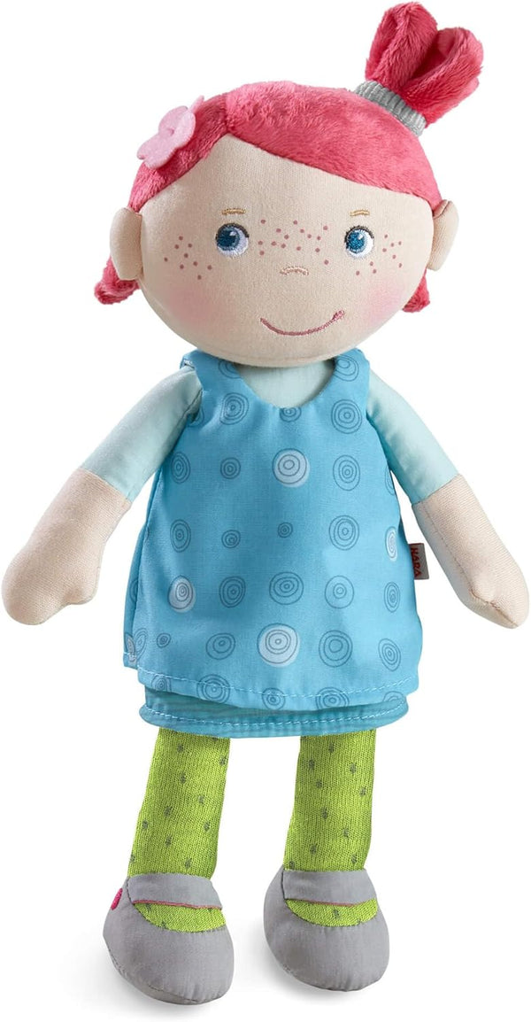 HABA Snug Up Philine, 10" Soft Doll with Embroidered Face, Pink Pigtail, Removable Blue Dress, Machine Washable