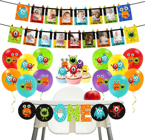 Monster 1st Birthday Decorations Kit - Photo Banner, Balloons, Cupcake Toppers for Little Monster Party Supplies