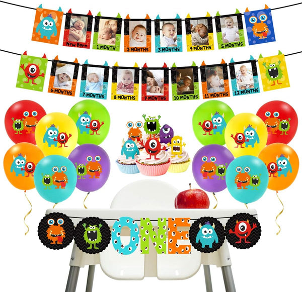 Monster 1st Birthday Decorations Kit - Photo Banner, Balloons, Cupcake Toppers for Little Monster Party Supplies