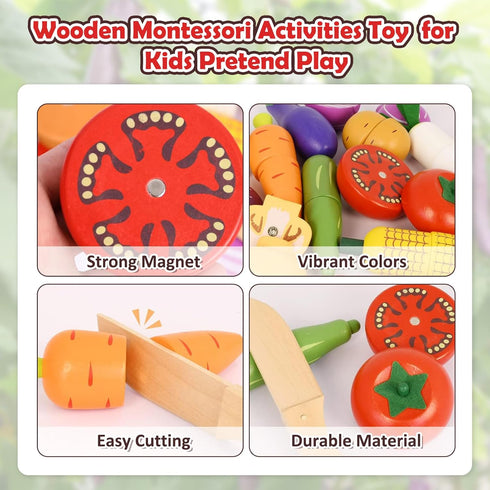 Set Wooden Vegetable Toys for Children,Pretend Play Food for Kid, Magnetic Cutting Kitchen Toy with Picnic Basket,Baby
