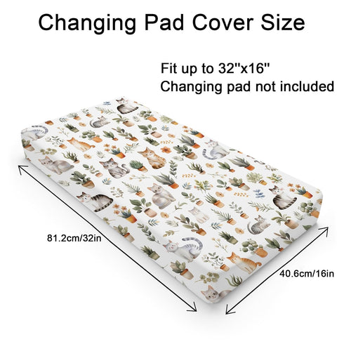 Watercolor Cats Boho Leaves Flowers Changing Pad Covers Cute Cats Tropical Plants Diaper Change Table Pad Sheets for Girl Boy Soft Breathable Stretch Baby Diaper Changing Table Cover Mats 32''x16''