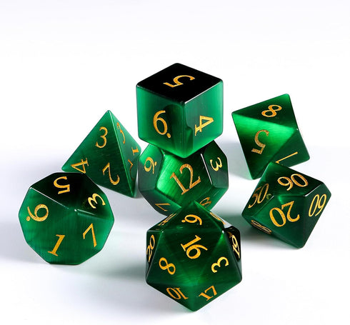 Cat's Eye Gemstone Dice Set - 7 Pcs Green Dice Set with Box for Dungeon and Dragon Dice Games.