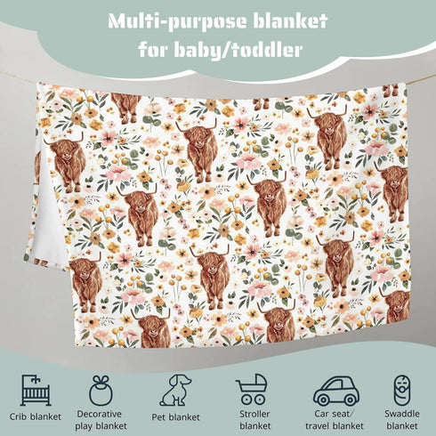 Highland Cow Floral Boho Retro Baby Blanket, Girls Gift, Western Farm Animal Yak Flower Flannel Fleece 30 x 40
