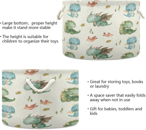 YETTASBIN 20 14 Inch Watercolor Cute Dragon Cotton Rope Basket Large Round Baby Laundry Basket Toy Blanket Books