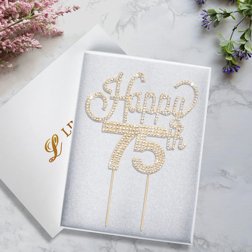 LINGTEER Happy 75th Birthday Gold Rhinestone Cake Topper - Cheers to 75 Years Old Anniversary Party Decorations
