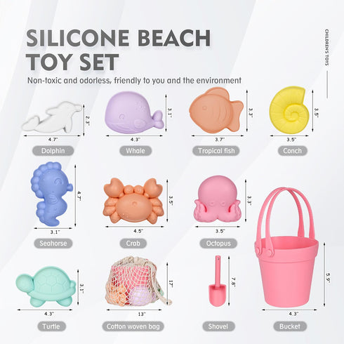 11Pcs Set,Eco 8 MarcZero Silicone Beach Toys,Modern Baby Beach Toys,Travel Friendly Beach Friendly Toy,Silicone Bucket