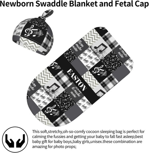 Munific Set Custom Baby Swaddle Blanket for Boys Personalized Name Receiving Blankets with Hat for Newborn Infant Baby