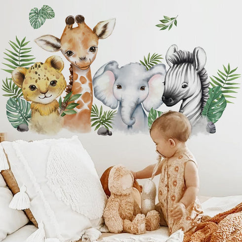 52.51x23.62 Inch Watercolor Jungle Animal Wall Decals Safari Forest Animal Wall Sticker Elephant Lion Monkey Decals