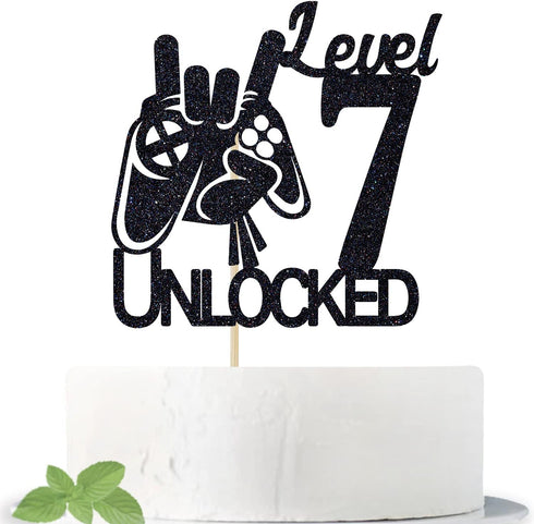 Video Game Level 7 Unlocked Birthday Cake Topper, Black Glitter, Boys 7th Birthday Cake Decorations