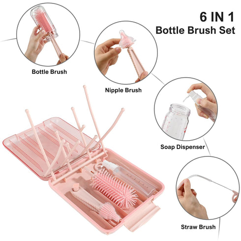 Set-6 1 YomauiYee Baby Bottle Brush in Bottle Brush Cleaner with Silicone Bottle Brush,Drying Rack,Nipple Brush,Straw