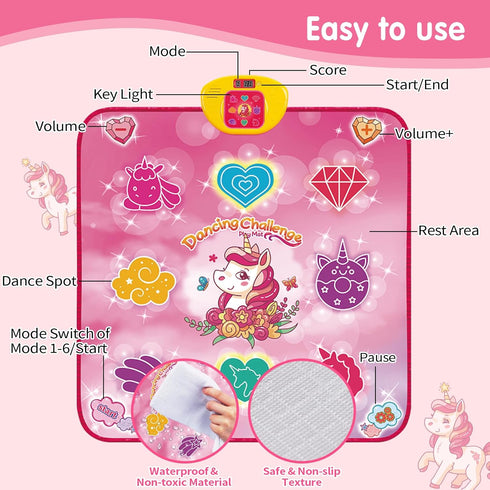 Unicorn Dance Mat for Girls 3-12 Years, LED Lights, Built-in Music, 6 Game Modes, Christmas Birthday Gift