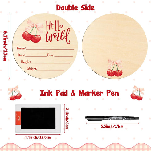 R HORSE Baby Announcement Sign with Ink Pad and Marker Pen Cherry Pink Bow Hello World Wooden Keepsake for Newborn