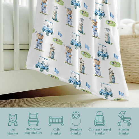 Wicbfdfv 60x80inch Cute Bear Golf Cart Blue Baby Blankets for Boy Girl Bears Sport Golfing Flag Club Flannel Fleece