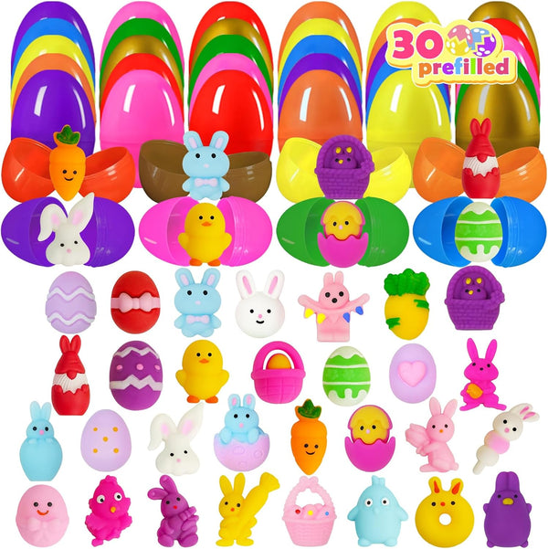 EUOCENK 30PCS Pre Filled Easter Eggs with Easter Mochi Squishy Toys, Pre-Stuffed Easter