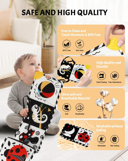 Newborn Toys - High Contrast Baby Books with Teether for 0-12 Months, Sensory Learning Activities Gift