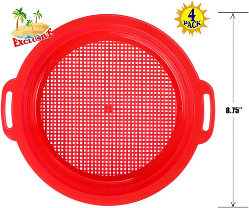 Set Bundle-4Pack(8.75x 9.75in) Sand Sifters Sieve for The Beach Sand Toys (Red, Blue, Yellow & Green) Complete Gift