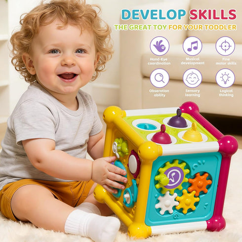6-in-1 4 1 2 1 Baby Activity Cube, Educational Early Development Toy with Sensory Shape Blocks, Music Busy Board