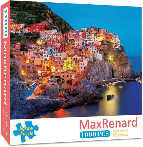 MaxRenard Coastal Landscape Jigsaw Puzzle, 1000 Pieces Night View of Manarola for Home Decoration Family Game