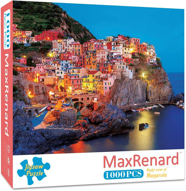 MaxRenard Coastal Landscape Jigsaw Puzzle, 1000 Pieces Night View of Manarola for Home Decoration Family Game