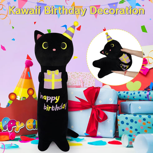 Long Cat Plush Pillow, 24 inch Cute Black Cat Plush, Birthday Stuffed Animal Gift
