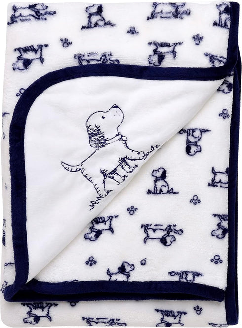 2-Ply Reversible Luxury Baby Blanket, Puppy Embroidery, Blue and White Little Me Puppy Toile Print (30 inch x 40 inch)