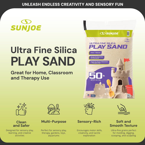 50 Lb PLYSAND50 Sun Joe Silica Play Sand for Sandbox, Sensory Table & Garden Spaces, Ultra Fine, Bag - Indoor