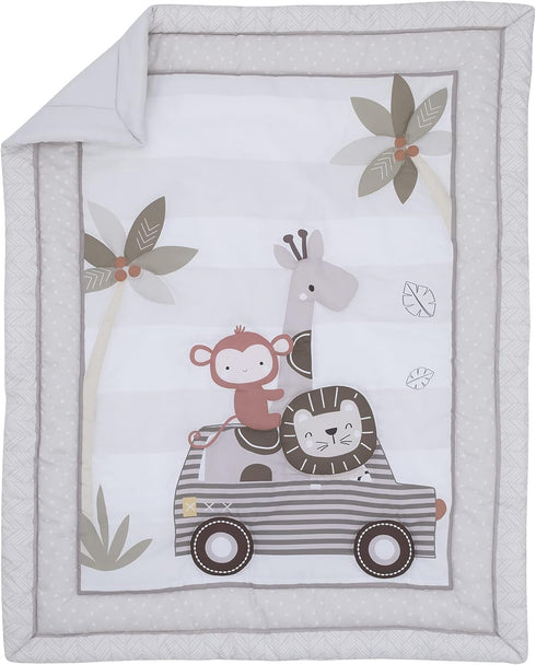 3 Set Little Love by NoJo Jungle Ride Grey, White and Brown, Monkey, Giraffe and Lion Piece Nursery Mini Crib Bedding
