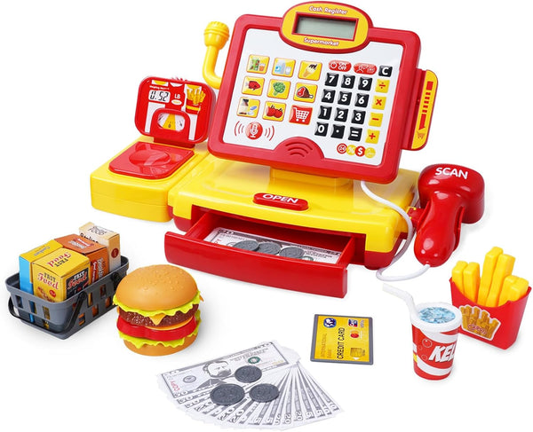 FS Toy Cash Register for Kids, True Barcode Scanner & Calculator, Pretend Play Shopping Set for Ages 3-8
