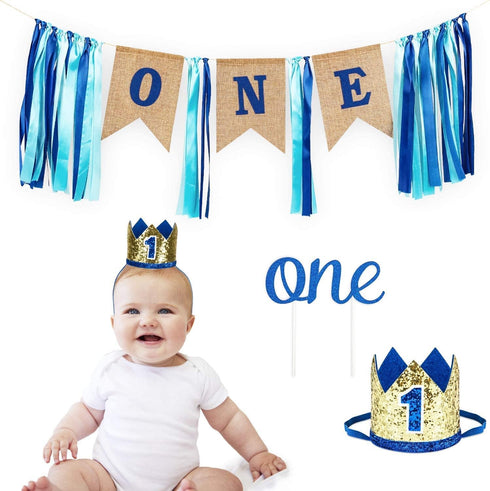 The Only One Baby Boy 1st Birthday Boy Decorations Include High Chair Banner - Cake