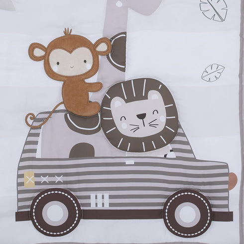 3 Set Little Love by NoJo Jungle Ride Grey, White and Brown, Monkey, Giraffe and Lion Piece Nursery Mini Crib Bedding