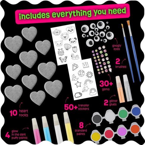 THE SCHOLAR ANT 4-12 Set Hearts Rock Painting Kit for Kids Girls - Glow in Dark Art Supplies Ages - Complete STEM Craft