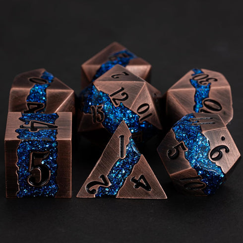 Metal DND Polyhedral Dice - Large Stripe Glitter Metallic 7pcs Set for Role Playing Games