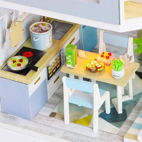 1:24 Cool Beans Boutique Miniature Dollhouse DIY Kit - Wooden Blue Townhouse with Pool