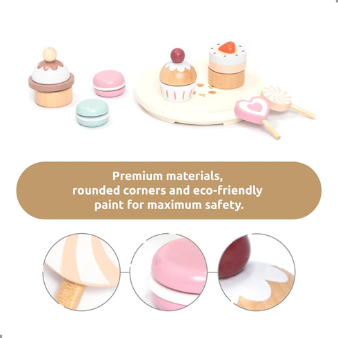 Playset Set 3 4 5 6 UMU Wooden Dessert Pretend Play Kitchen Toy with Stand, Cupcakes, Donuts, Macarons, Candy & More