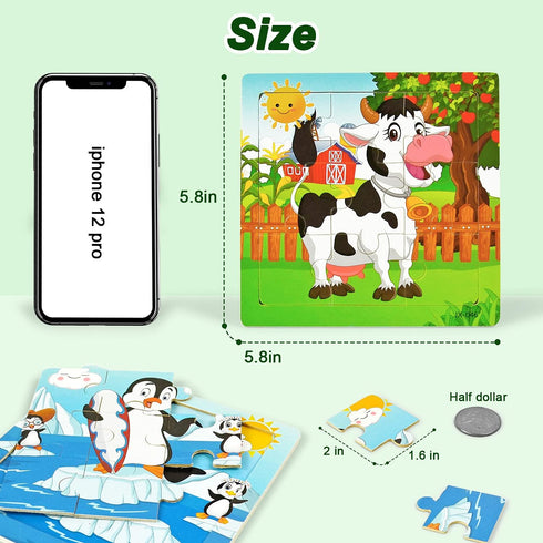 Vileafy 12 Pack Small Animals Puzzles for Kids Ages 3-5, Wooden Toddlers Puzzles