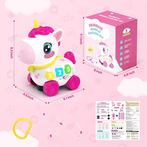 MOISTAR 1 6-12 6-12-18 Bilingual Musical Crawling Toy for Year Old Girl Gifts,Musical Unicorn Toys for Baby Months,Baby