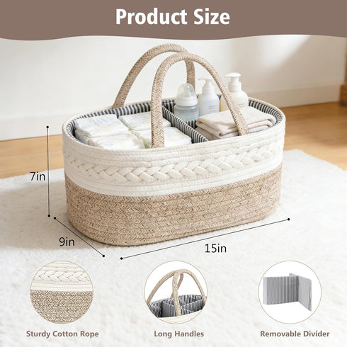 Diaper Caddy Organizer, Cotton Rope Baby Basket for Nursery and Changing Table, Portable Diaper Caddy with Removable