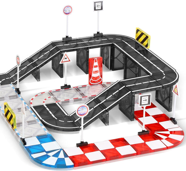 Mruikeny Magnetic Tiles Road Set & Racing Track Expansion Pack, Magnetic Blocks