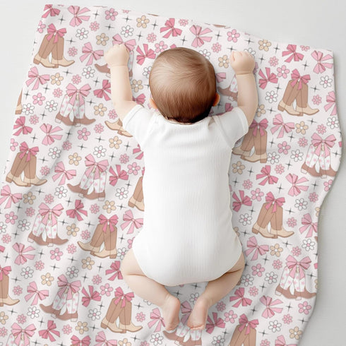 Cstdyfrv Cozy Country 60x80in Western Cowgirl Boots Baby Blankets for Boys Girls Vintage Cowgirl Boots Pink Bows Soft