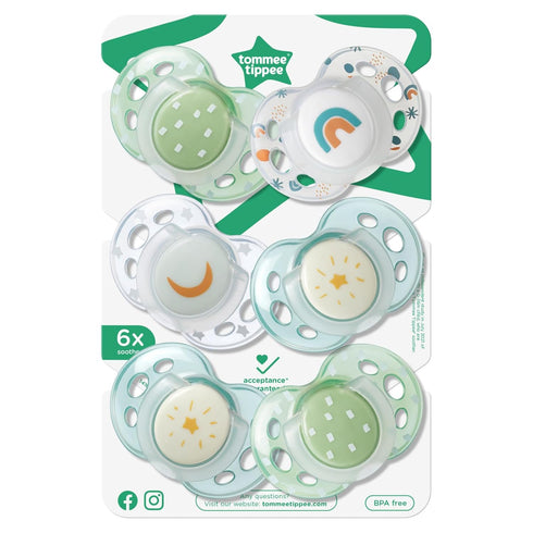 Tommee 18-36 Symmetrical Pack 6 Tippee Night Time Pacifier, Months, Silicone Baglet, BPA-Free Binkies, Glow in The Dark