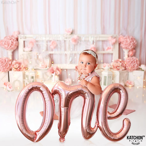 KatchOn Rose Gold One Balloons for 1st Birthday, 20 Inch Foil Balloon Letters, Baby Girls 1st Birthday Decoration
