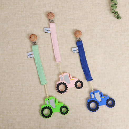 Set 3 Baby Food Grade Silicone Tractor Car Teether Toy with Pacifier Clip Holder,Teething Pain Relief Toys Gift