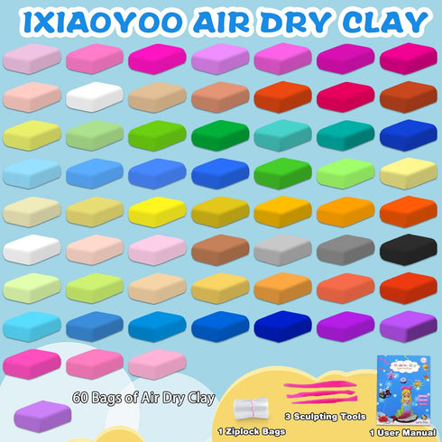 60 3-12 Ixiaoyoo Air Dry Clay for Kids, Colors Modeling Magic Clay, Safe & Non-Toxic, DIY Model Arts & Crafts Kit