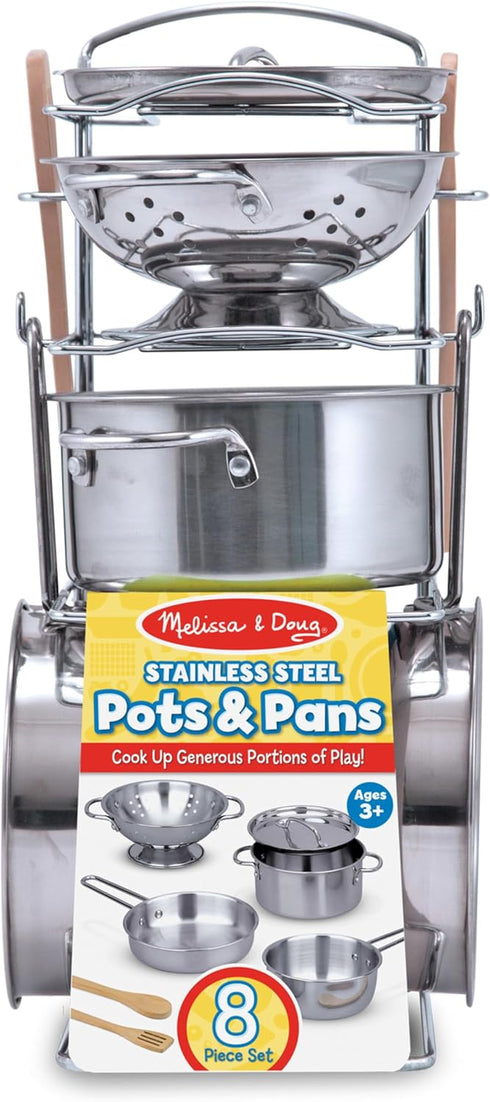 Melissa & Doug Stainless Steel Pots and Pans Set for Kids (8 pcs) - Pretend Play Kitchen Accessories for Ages 3+.